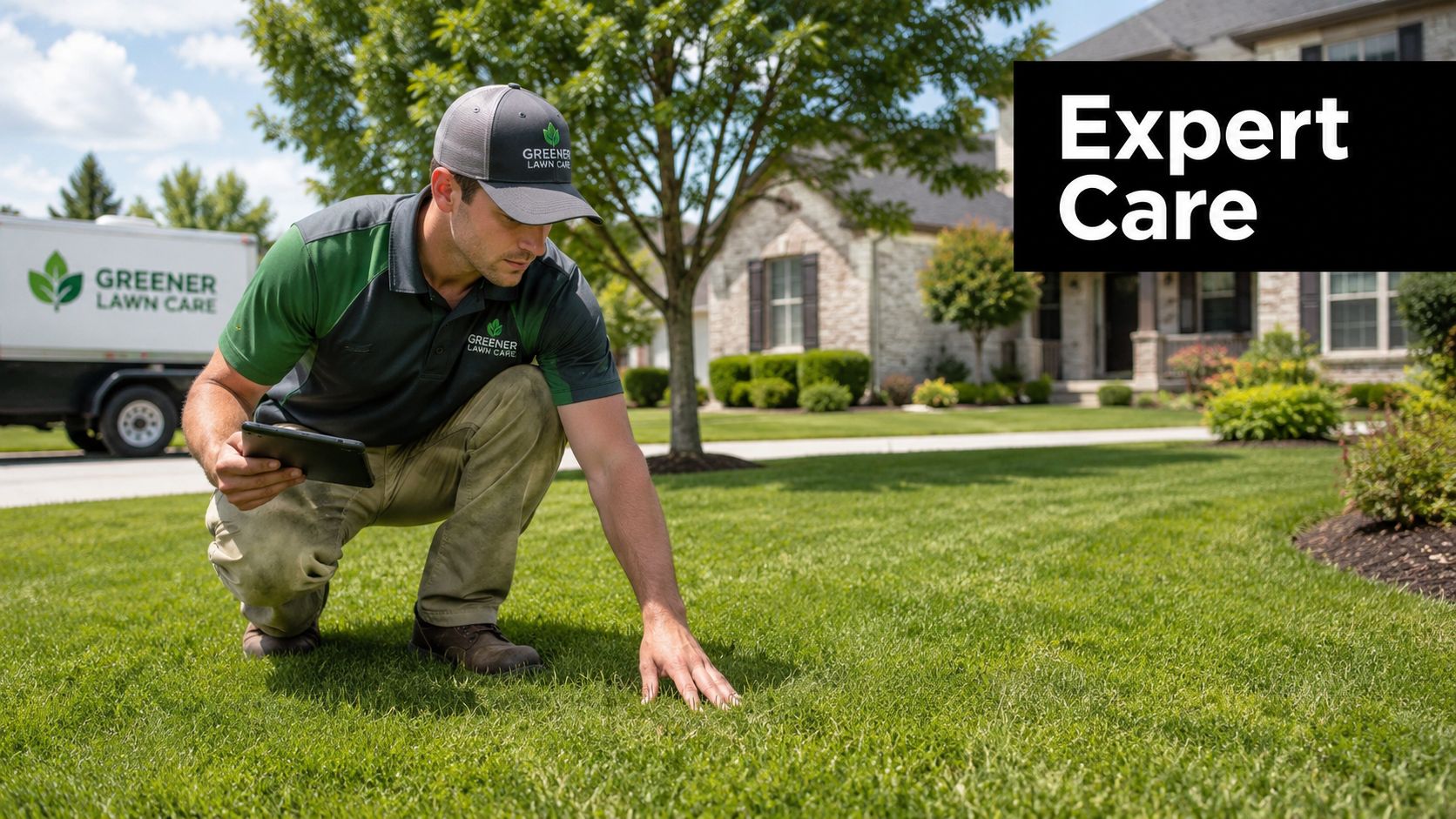 A professional lawn care worker from Greener Lawn Care examines a residential green grass yard with a tablet.