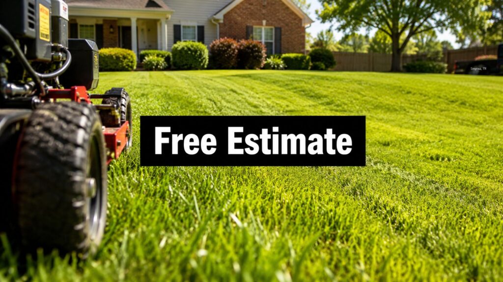 Lawn mower on a green front yard with a bold 'Free Estimate' banner in the foreground.