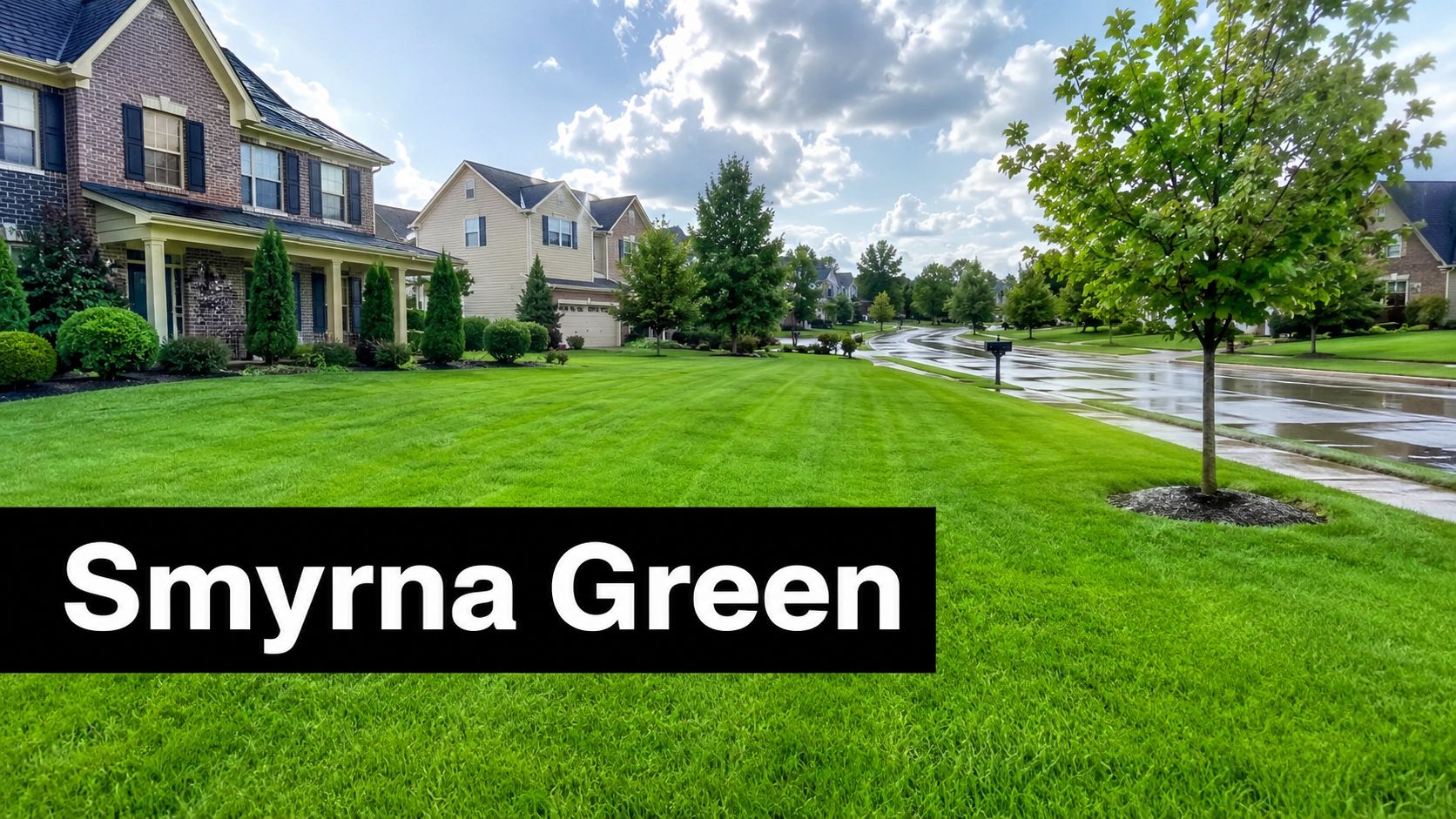A scenic residential street in Smyrna, Tennessee, featuring well-maintained green lawns and houses under a cloudy sky.