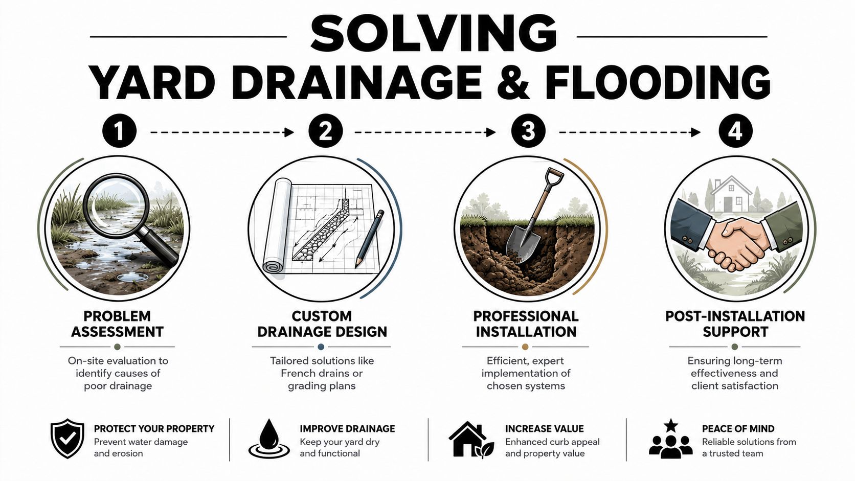 A four-step infographic illustrating the professional process for solving yard drainage and flooding issues in residential properties.