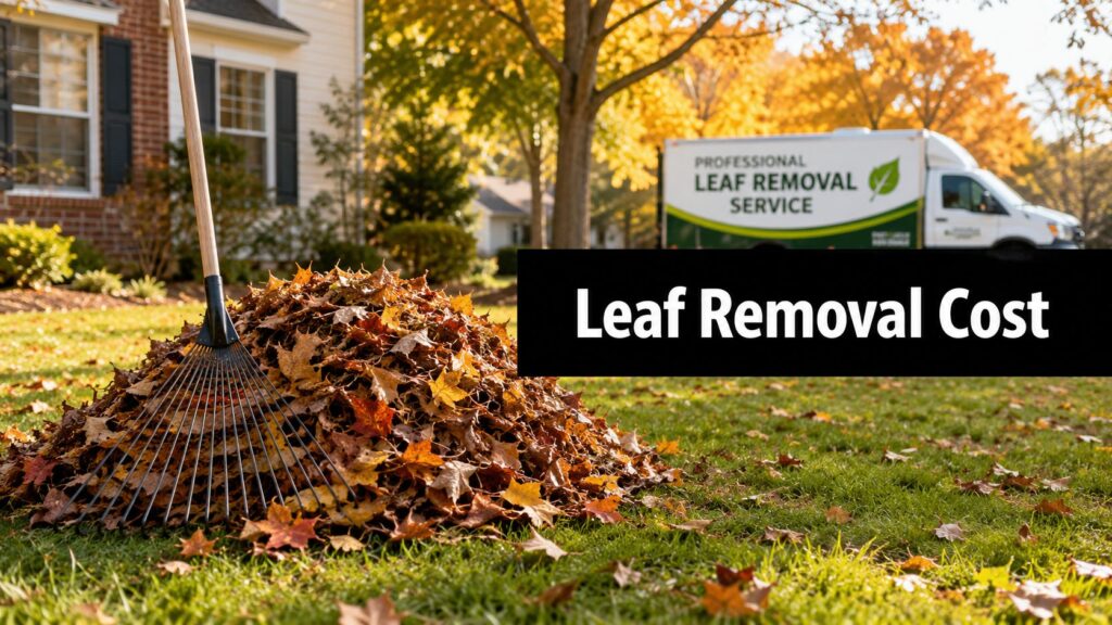 Pile of autumn leaves raked into a mound in a front yard with a rake, and a leaf removal truck in the background show an autumn yard cleanup service promo: Leaf Removal Cost.