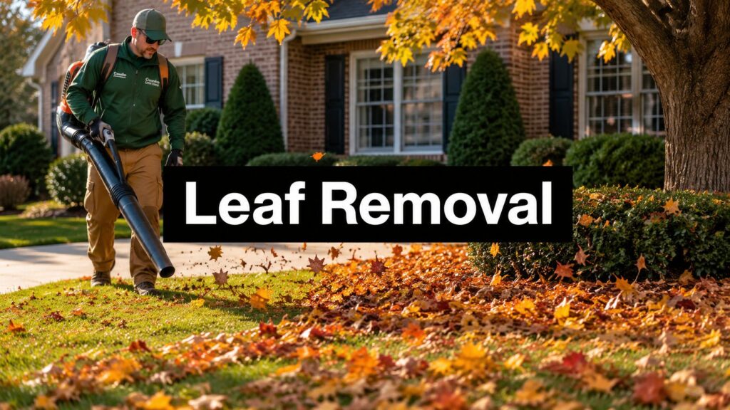 A landscaper in green uniform using a leaf blower on a front lawn with autumn leaves, a large 'Leaf Removal' sign nearby.