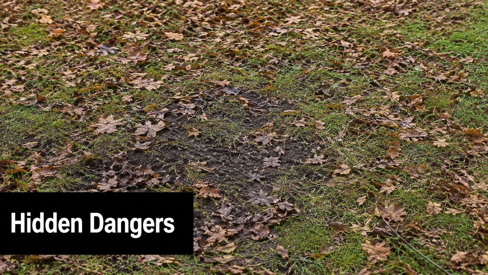 A patch of dark, wet mud surrounded by brown autumn leaves on a green grass lawn.