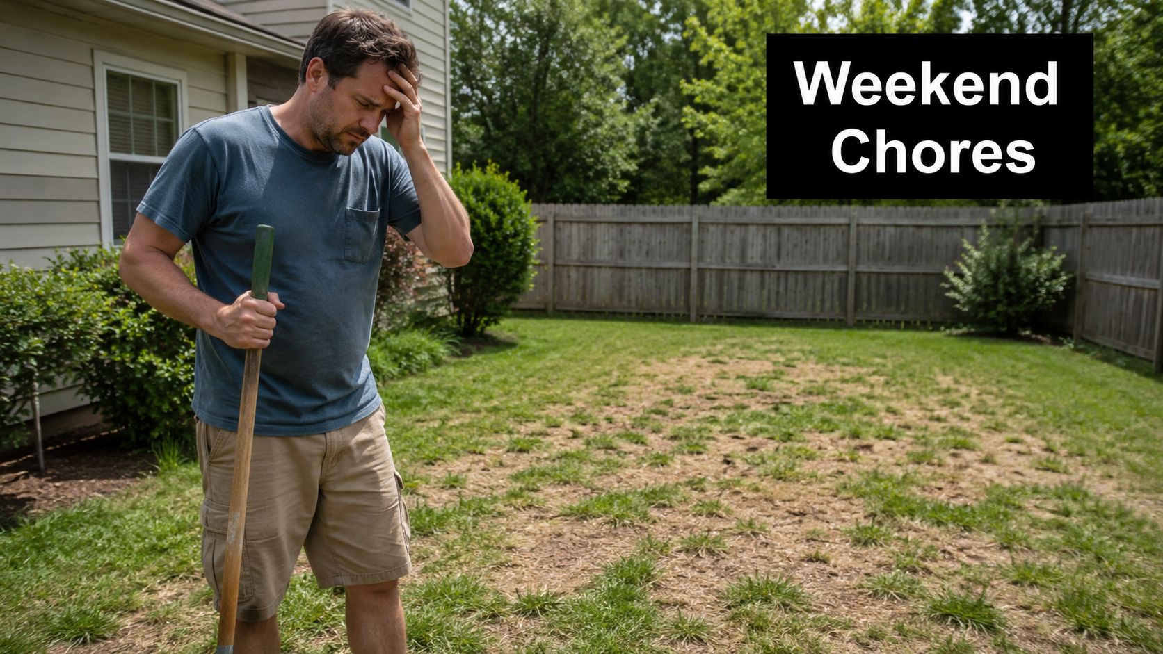 A man looking frustrated while holding a shovel in his backyard during residential lawn maintenance.
