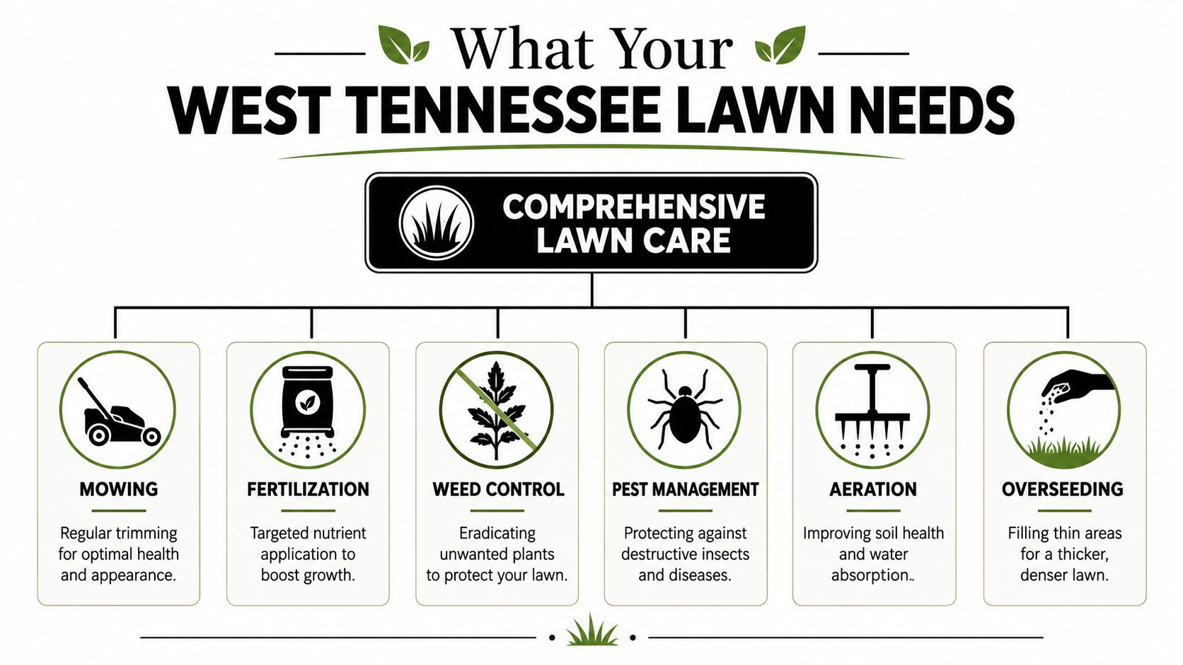 A diagram outlining essential residential lawn maintenance services for homeowners in West Tennessee for healthy grass.
