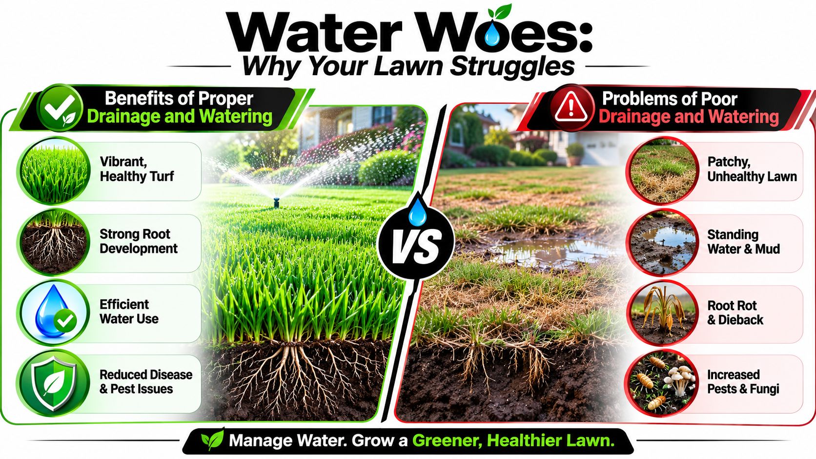 A comparison graphic showing the benefits of proper lawn drainage versus the problems of poor water management.