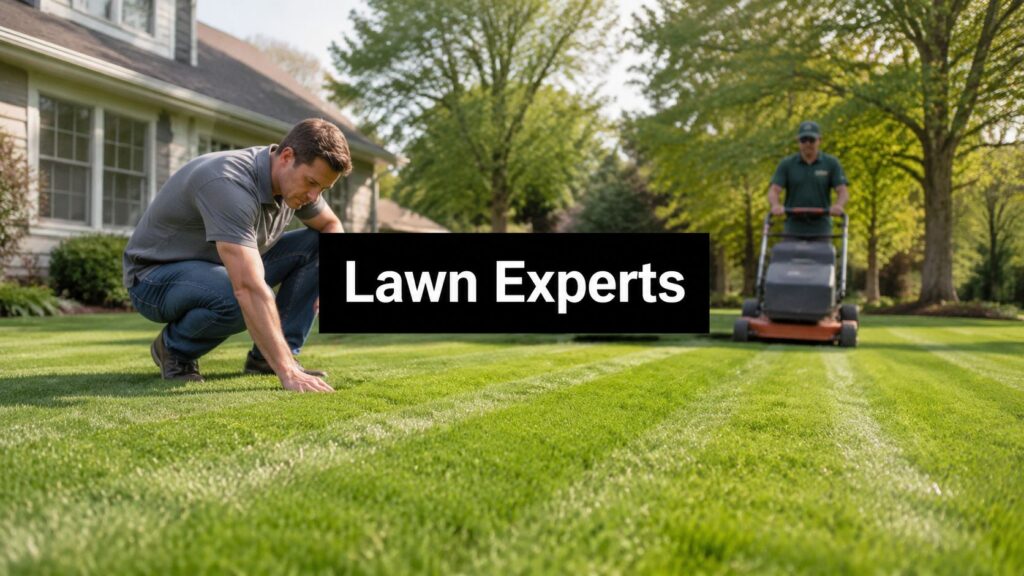 Man crouching to inspect the lush lawn as a second worker mows in the background; a black banner in the middle reads 'Lawn Experts'.