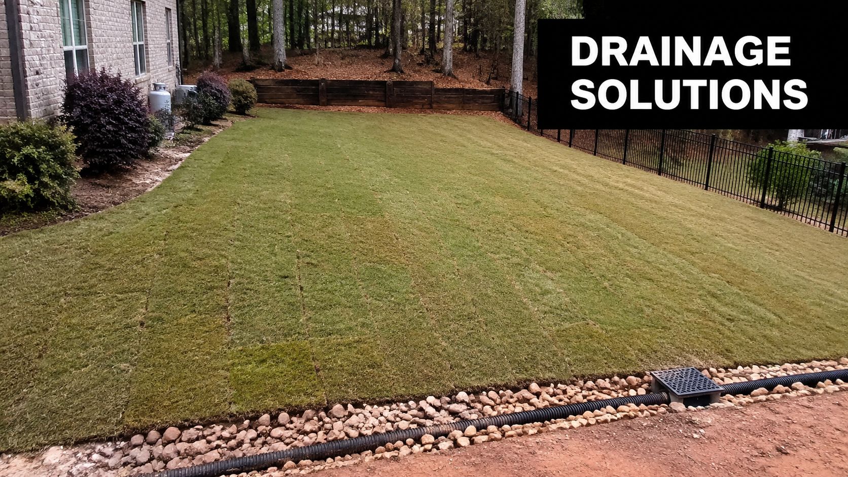 A newly installed sod lawn with a modern French drain system for backyard water management.