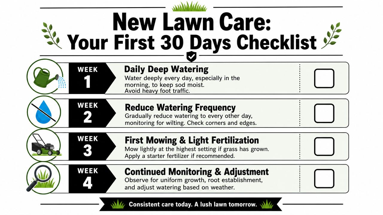 An infographic checklist for new lawn care covering essential maintenance steps over the first thirty days.