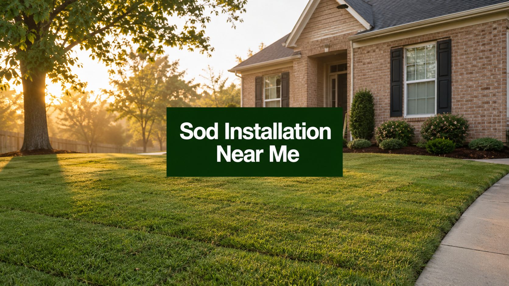 Green front yard with a brick house and a dark green sign that reads 'Sod Installation Near Me' at sunset.