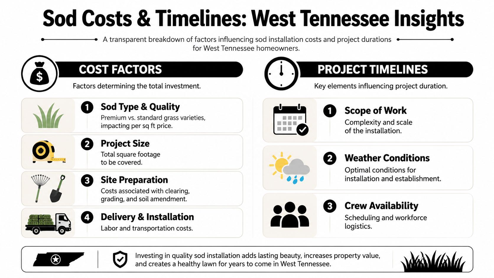 An infographic detailing the various cost factors and timeline considerations for sod installation in West Tennessee.