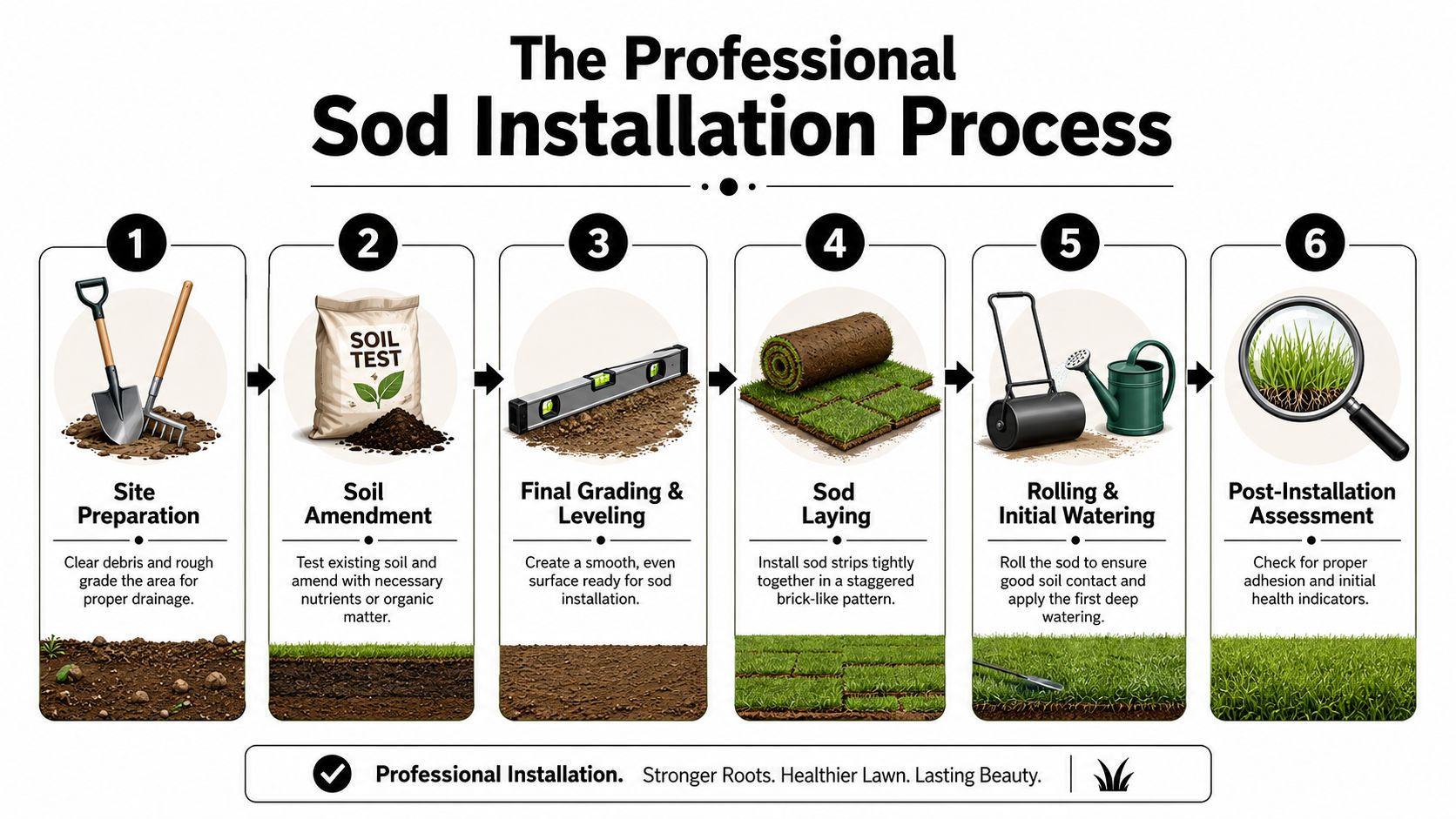 A six-step infographic illustrating the professional sod installation process from site preparation to final assessment.