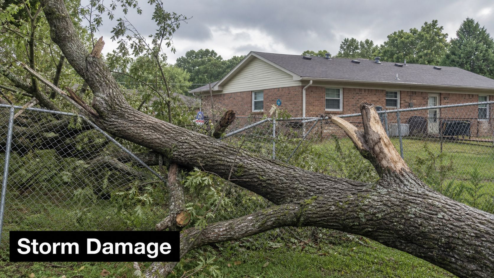 A large fallen tree has crushed a chain link fence after a severe storm.