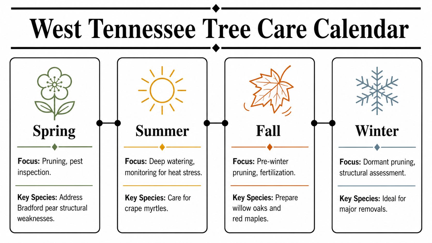 A seasonal infographic titled West Tennessee Tree Care Calendar detailing tree maintenance tips for each season.
