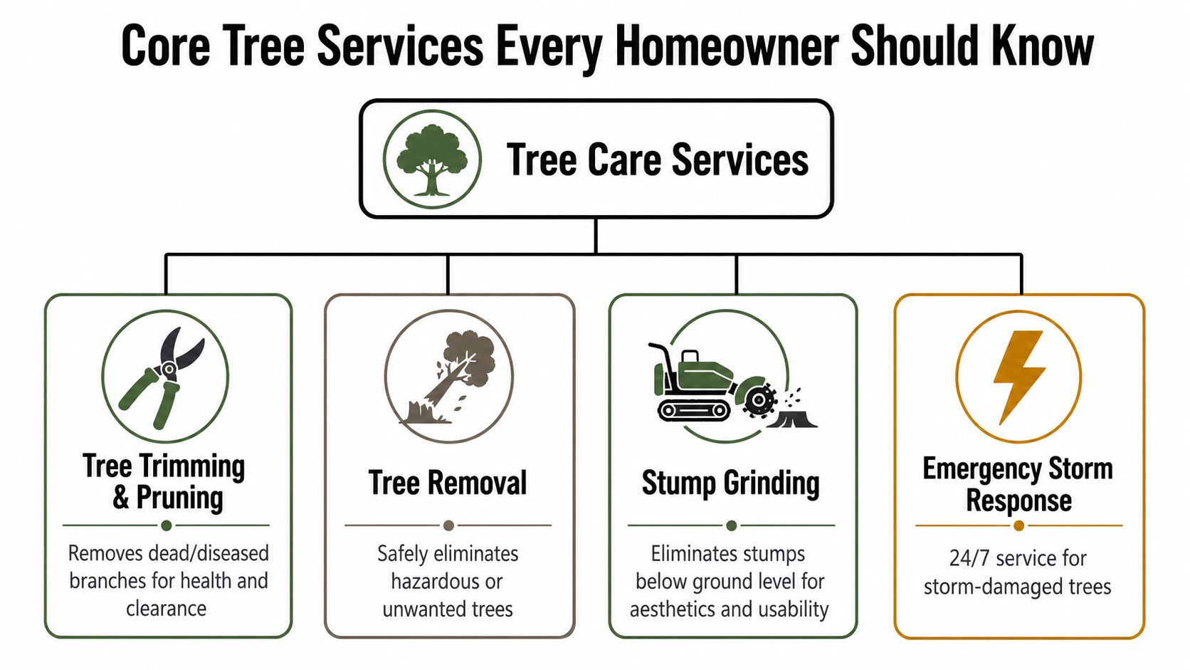 A flowchart infographic displaying four core tree care services including trimming, removal, grinding, and storm response.