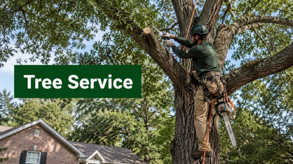Tree service worker in protective gear trimming a large branch from a tree, with a green banner reading 'Tree Service' overlaying the scene.