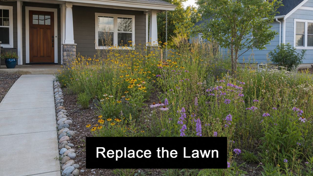 A beautiful residential home with a pollinator garden replacing the traditional grassy lawn in the front yard.