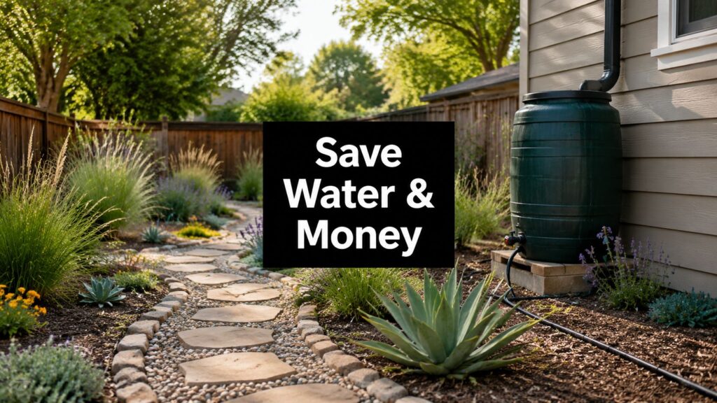 Black sign in a garden reading 'Save Water & Money' placed along a stone path with a rain barrel nearby.