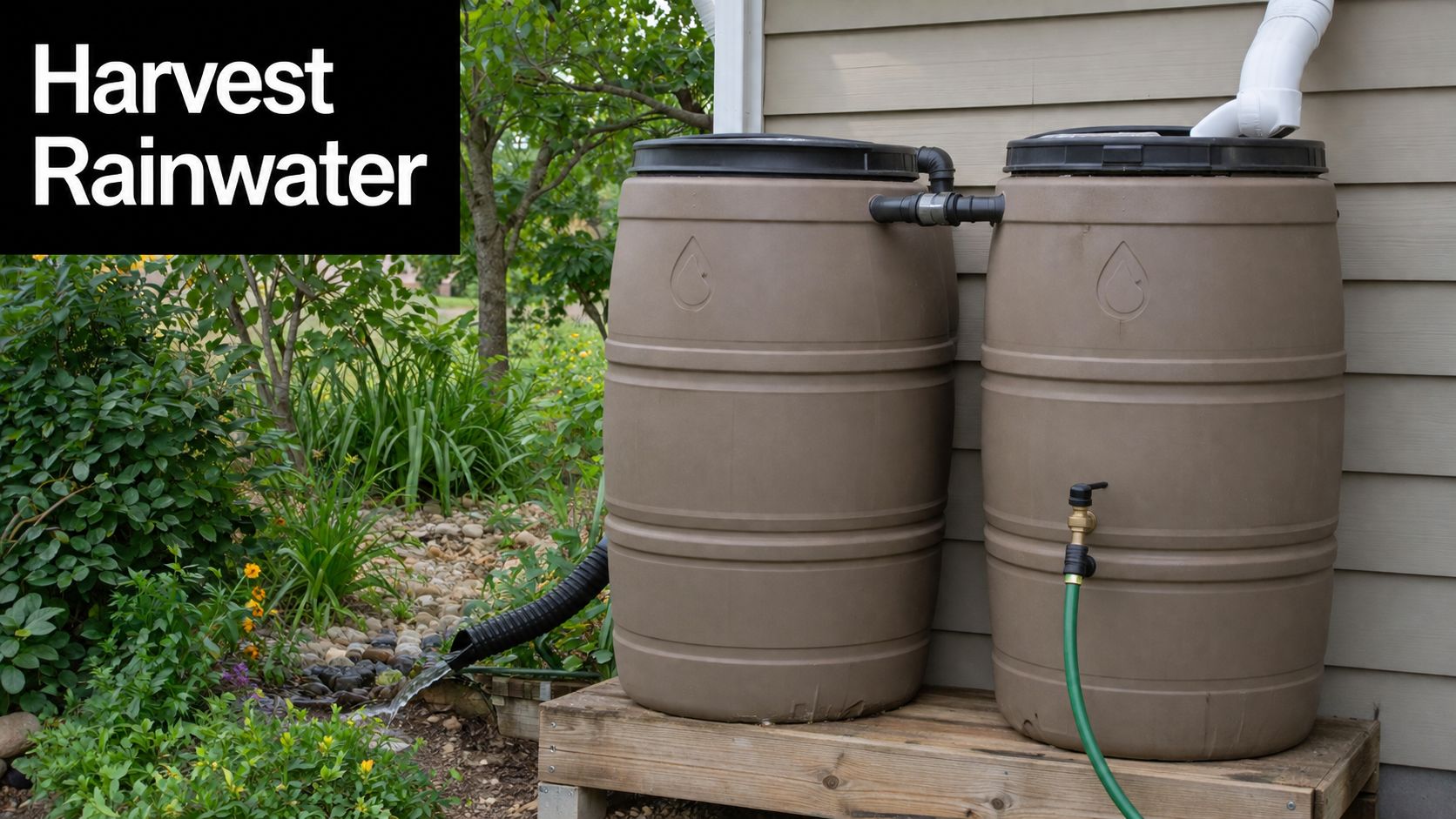 Two beige plastic rain barrels connected for water collection system sitting on a wooden platform by a house.