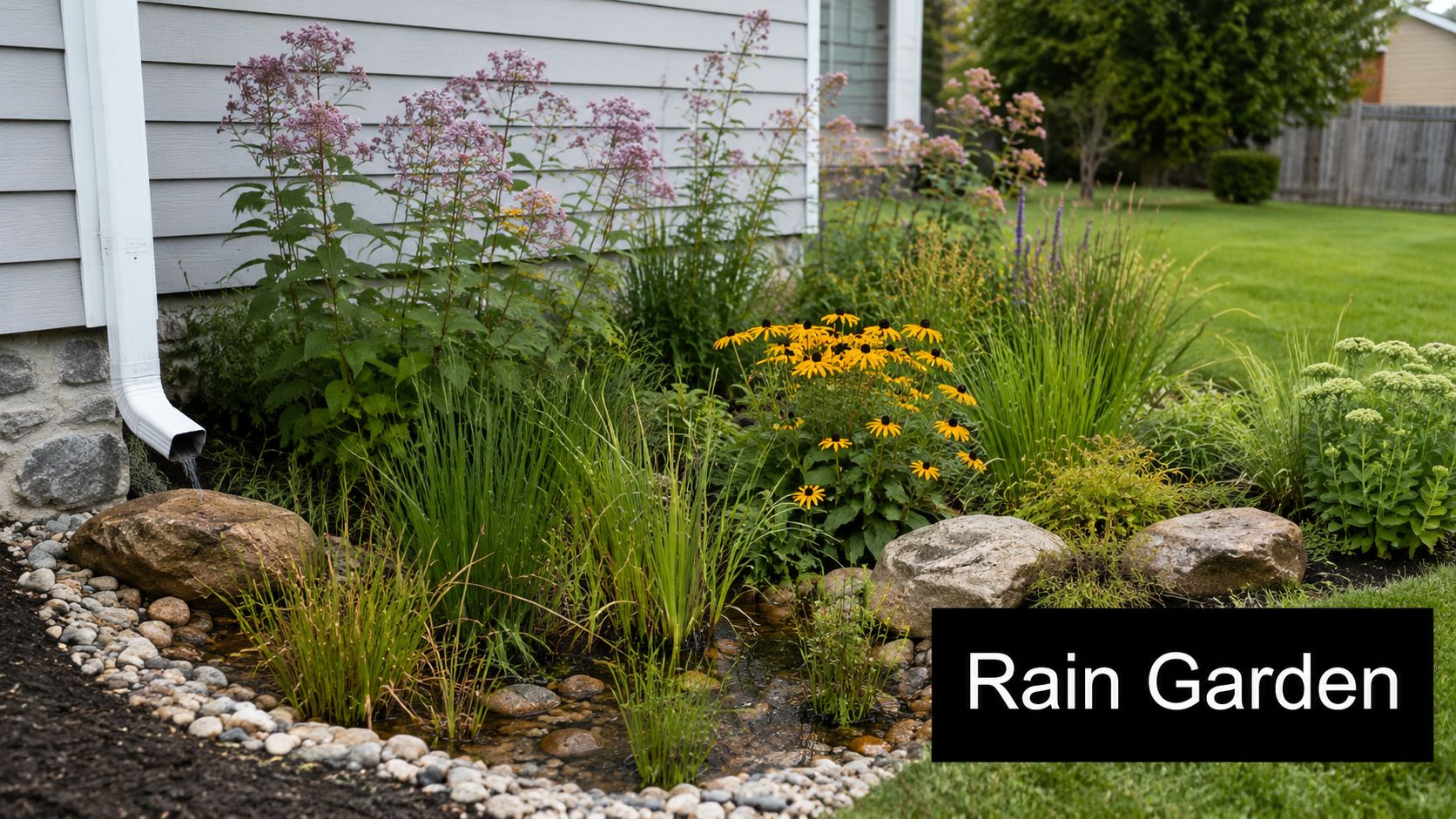 A backyard rain garden featuring native flowers, grasses, and stones collecting water from a downspout.