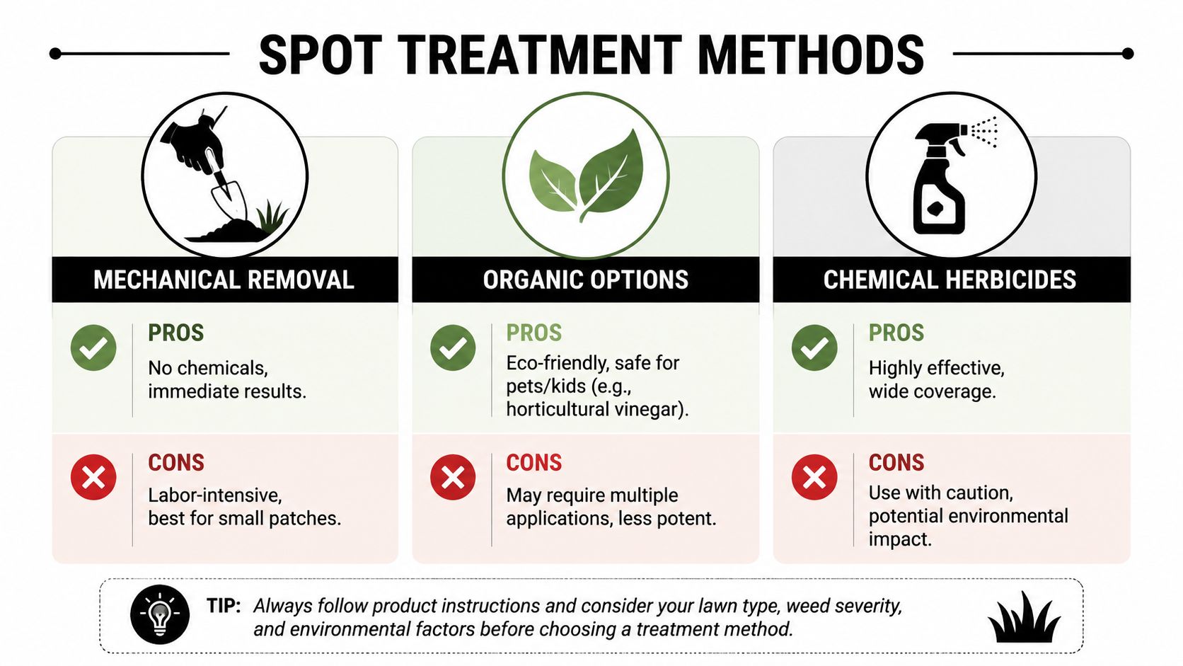 A comparison chart showing three methods for spot treating weeds: mechanical removal, organic options, and chemical herbicides.