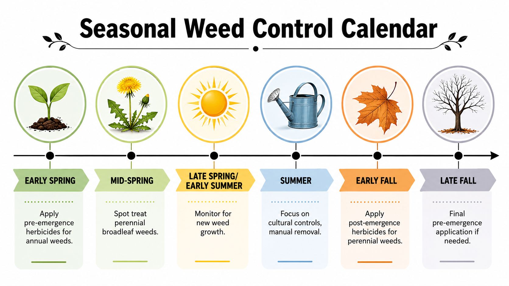 A seasonal weed control calendar infographic showing tips for each stage of the year from spring to fall.