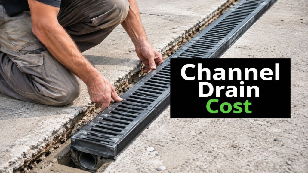 Worker kneels beside a concrete trench, placing a black channel drain; text overlay reads 'Channel Drain Cost' with 'Cost' in green, implying price information.