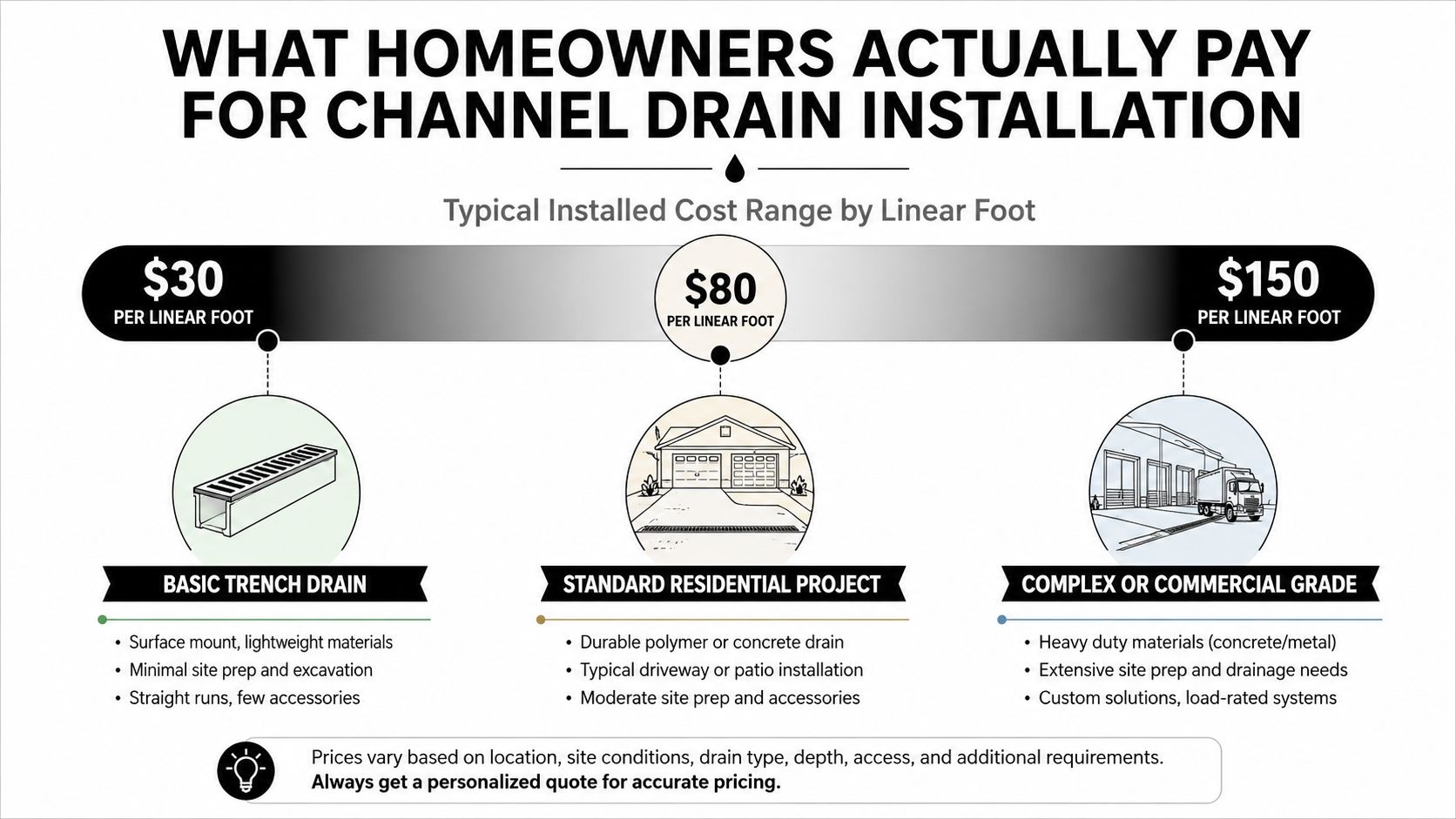 An infographic showing the typical cost ranges for channel drain installation based on project complexity.