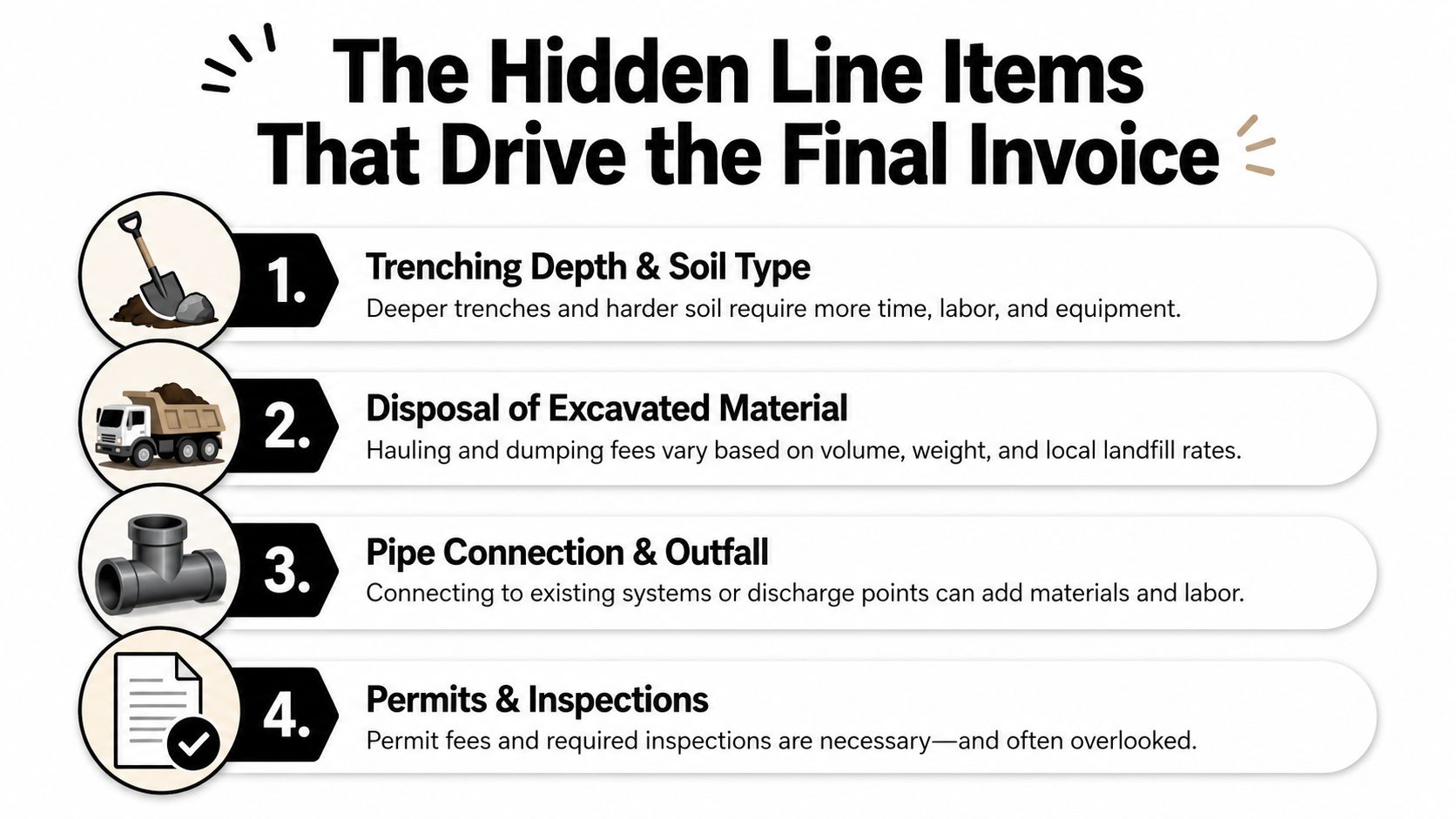 An infographic titled The Hidden Line Items That Drive the Final Invoice for drainage installation projects.