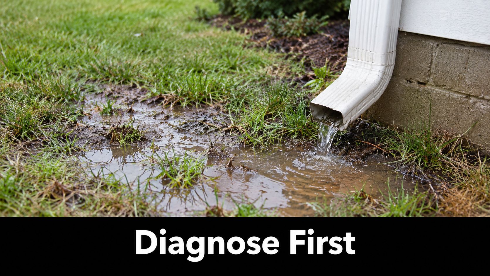 A white downspout discharging rainwater onto saturated grass next to a house foundation, causing localized yard flooding.