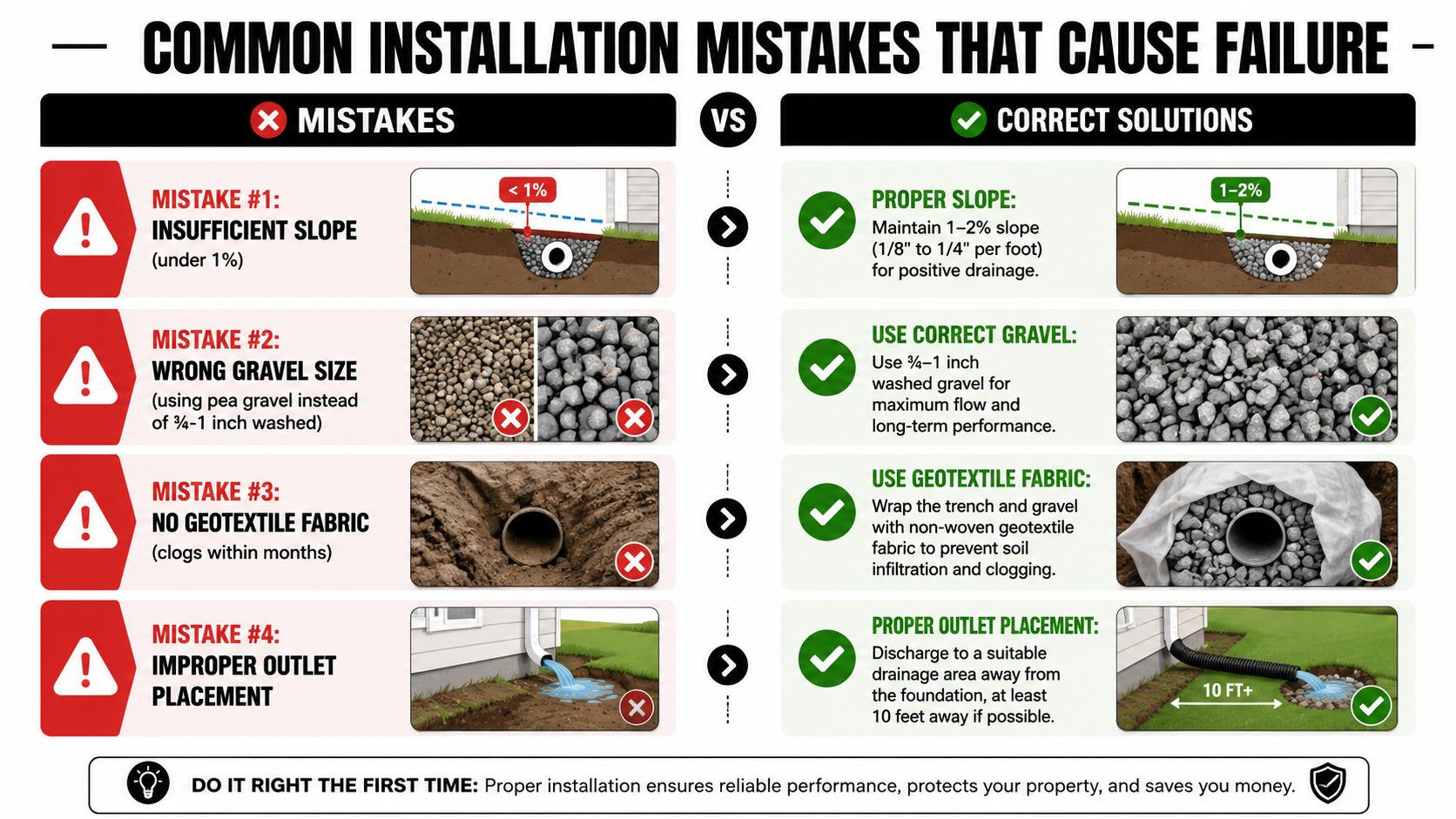 A comparison chart showing common installation mistakes and proper solutions for creating a french drain system.