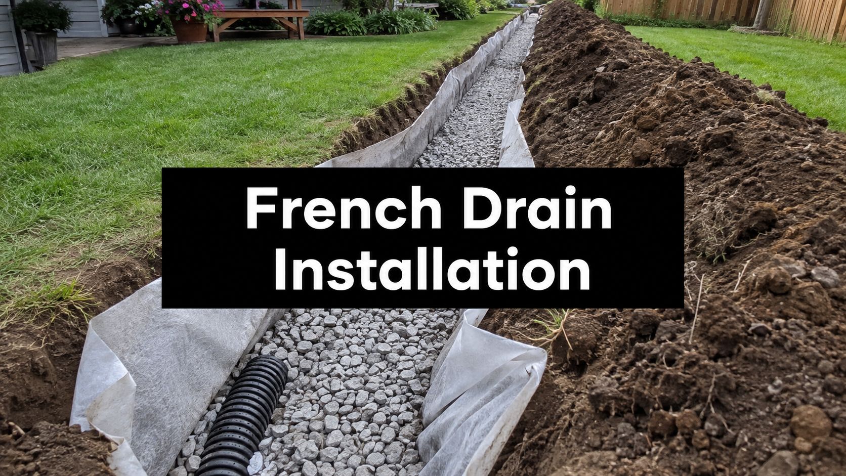Long narrow trench along a lawn filled with gray gravel and a black corrugated drainage pipe for a French drain installation in a backyard with fabric lining on the sides.