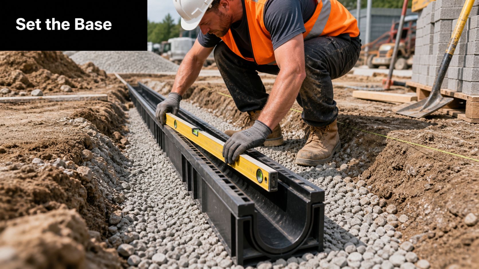 A construction worker uses a spirit level to ensure a channel drain is installed perfectly level.