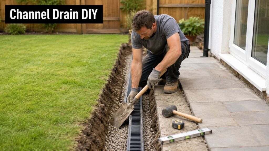 Man installing a channel drain along a gravel trench beside a house patio.