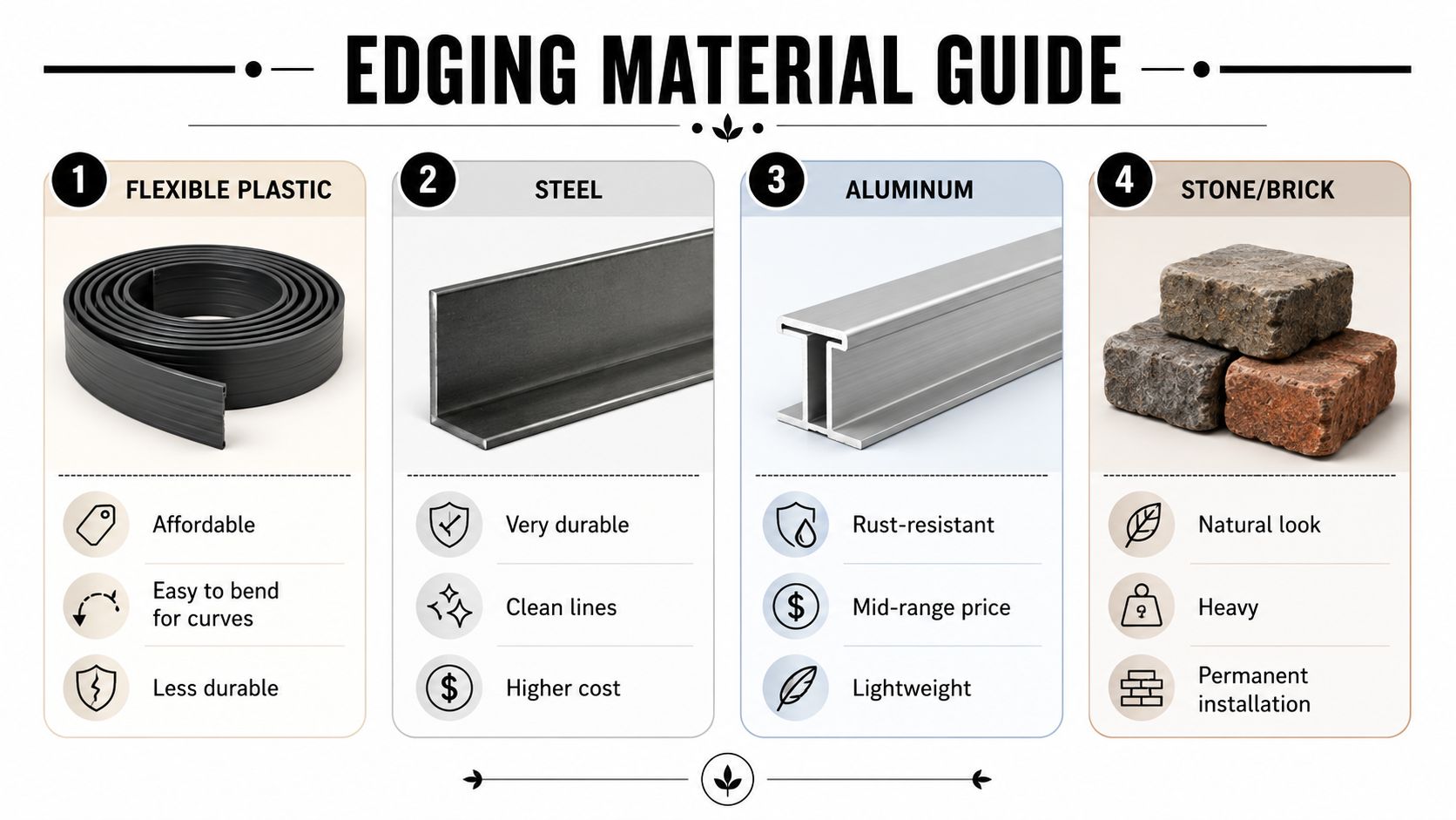 A comparison guide for different landscape edging materials including flexible plastic, steel, aluminum, and stone or brick.