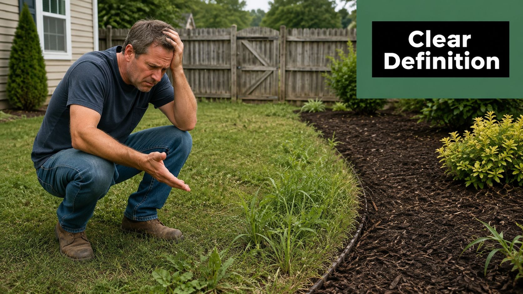 A frustrated man crouching in a yard looking at messy landscape edging that needs improvement.