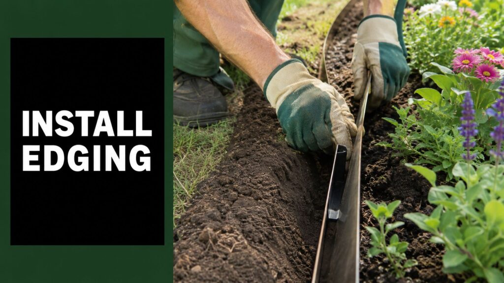 Gardener wearing gloves installs edging along a flower bed with soil and plants nearby.