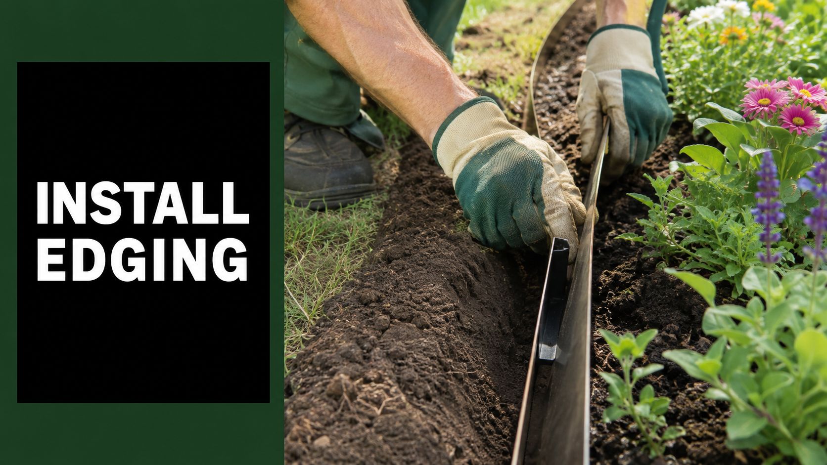 Gardener wearing gloves installs edging along a flower bed with soil and plants nearby.