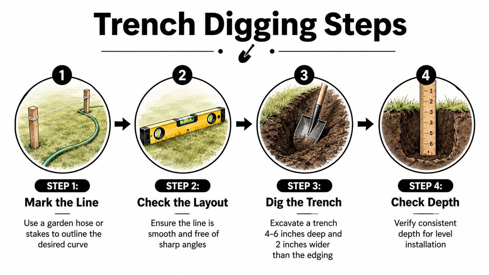 A four-step infographic illustrating how to dig a trench for installing garden landscape edging.