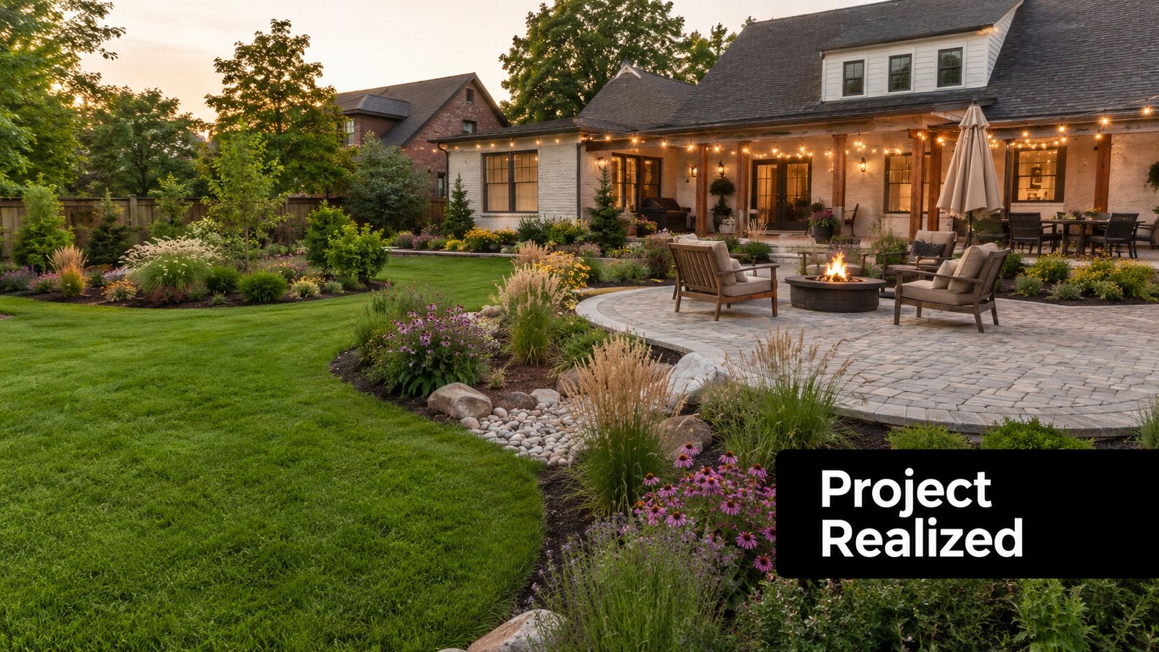A beautiful backyard patio with comfortable seating, a fire pit, and lush landscaping at twilight.