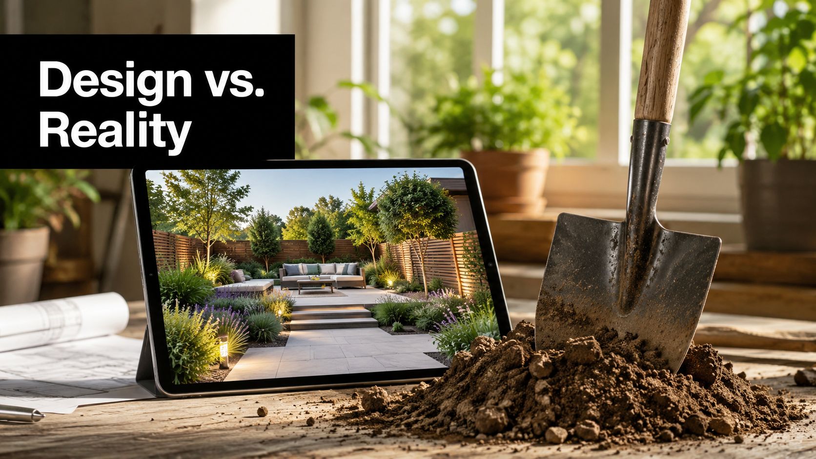 A digital tablet displaying a beautiful garden design sitting next to a shovel and pile of dirt.