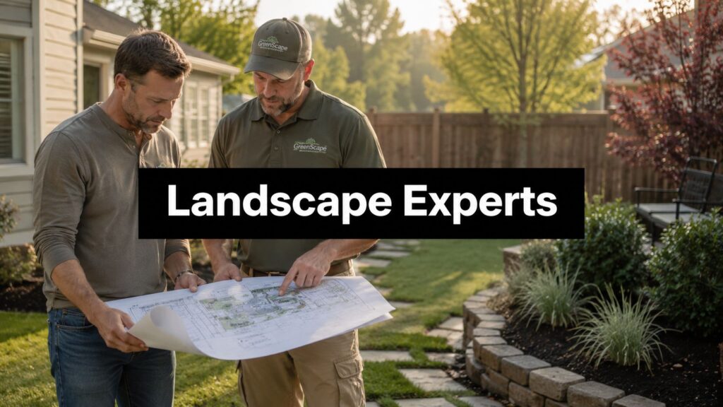 Two landscapers in casual work shirts review a site plan in a sunny backyard. A bold 'Landscape Experts' banner overlays the image, emphasizing their expertise.