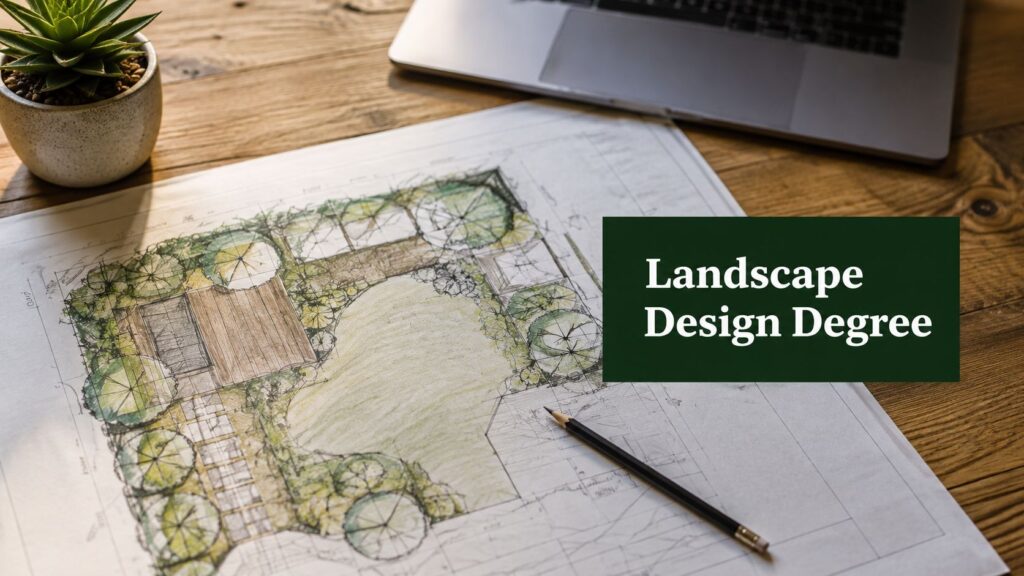 Hand-drawn landscape design plan on a desk with a pencil, laptop nearby, and a small potted plant nearby.