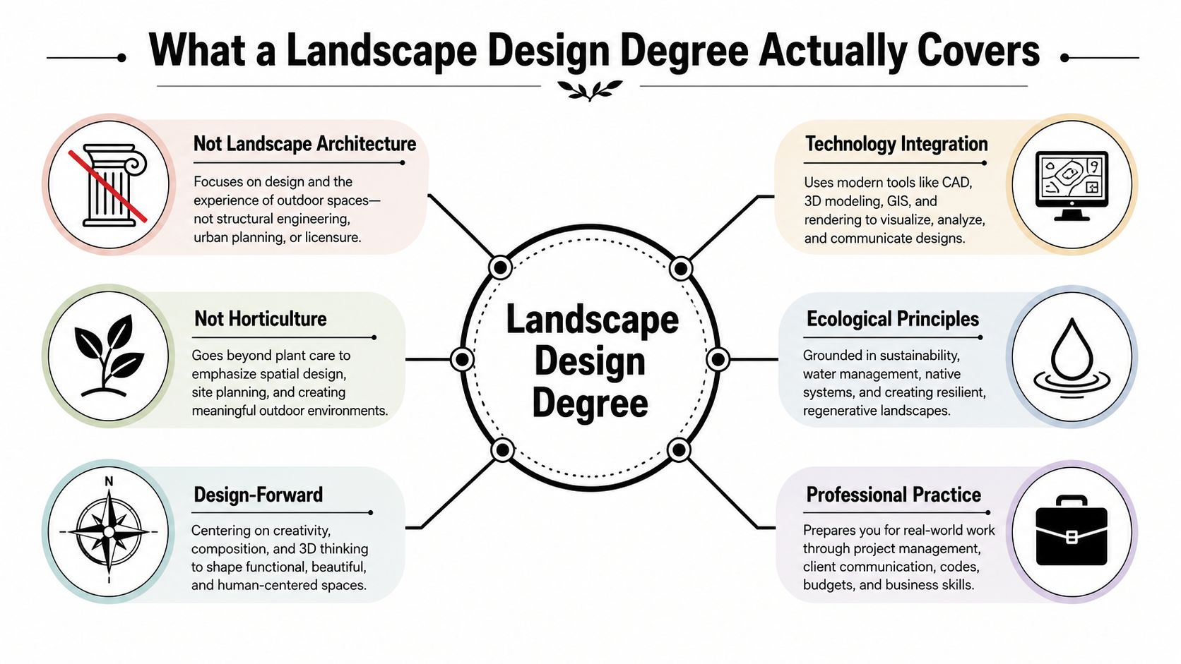 A diagram illustrating the core components and focus areas of a comprehensive landscape design academic degree program.