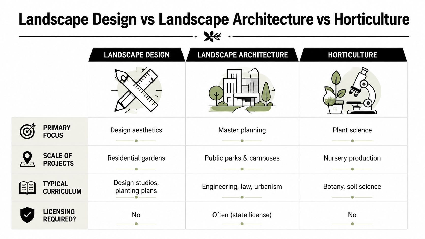A comparison chart outlining the differences between landscape design, landscape architecture, and horticulture career paths.