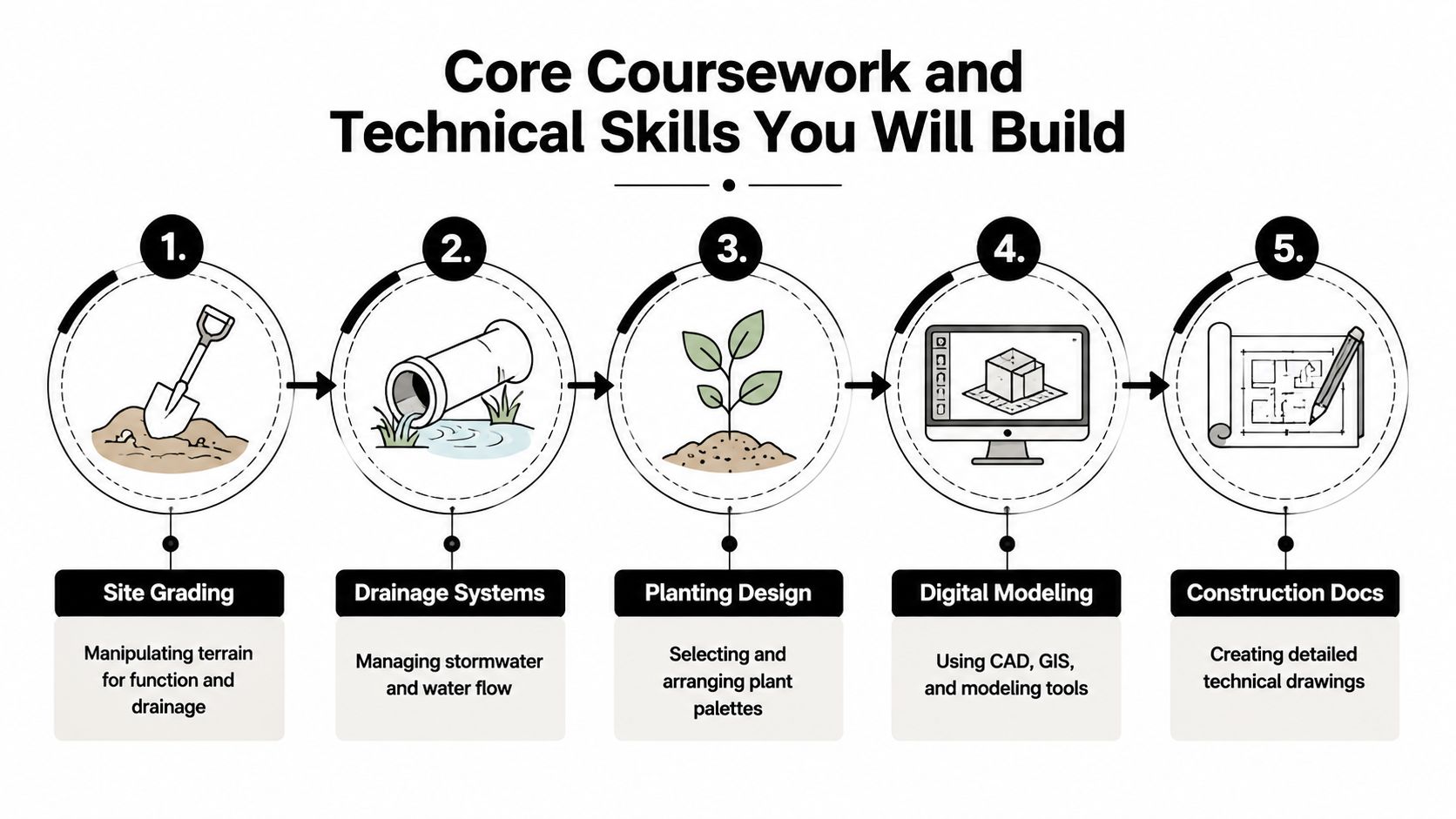 A diagram illustrating five core landscape design skills including site grading, drainage, planting, modeling, and construction documentation.