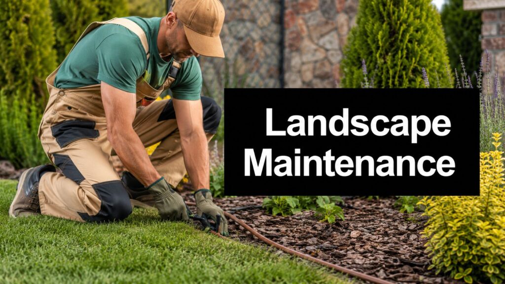 Landscape maintenance worker kneeling on the lawn, adjusting irrigation tubing by a mulched flower bed with a bold 'Landscape Maintenance' sign nearby