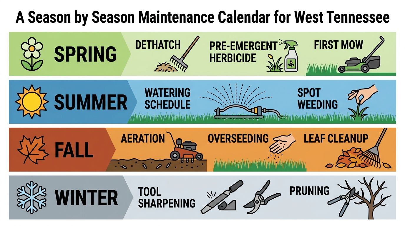 A seasonal lawn and garden maintenance calendar infographic for West Tennessee showing tasks for each season.