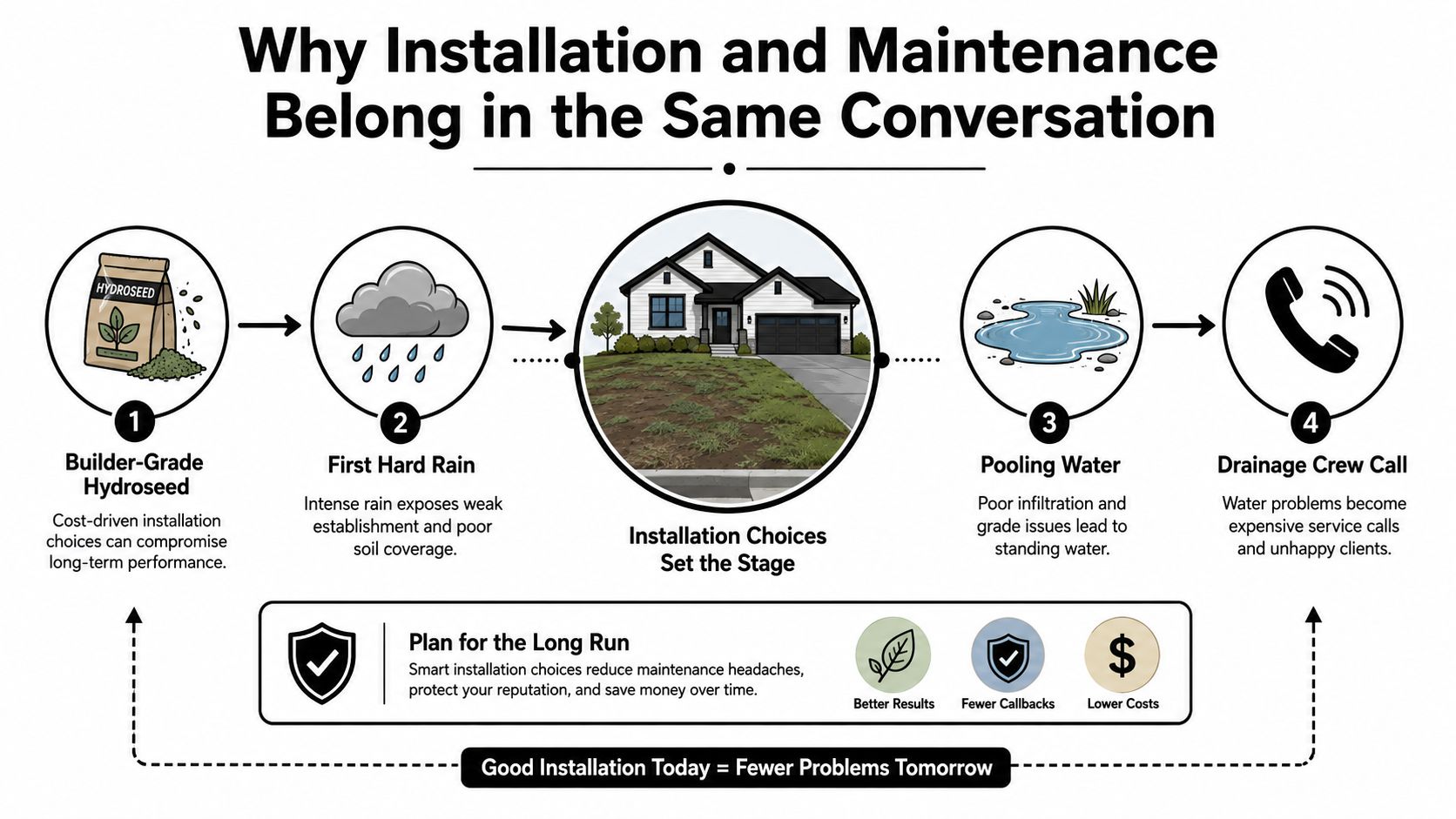 A diagram illustrating how poor landscape installation choices lead to future maintenance problems and drainage issues.