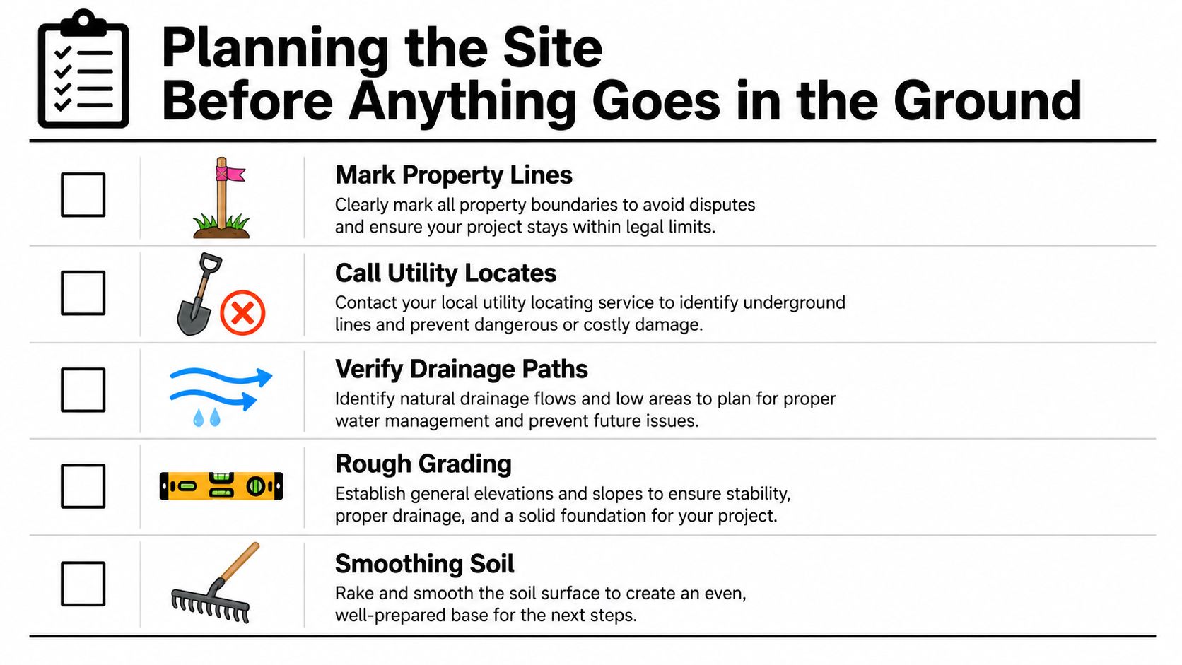 A checklist for planning a landscape site before beginning any excavation or construction projects.